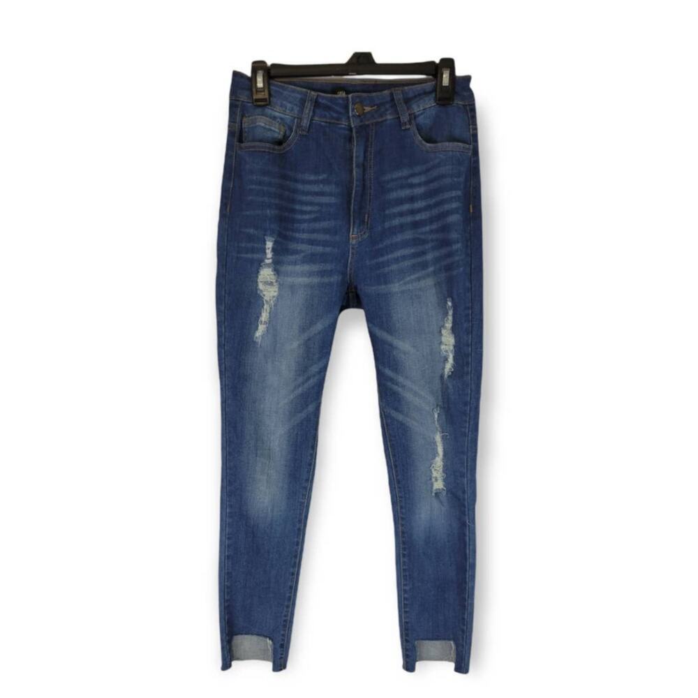 Fashion Nova High Rise Distressed Raw Hem Jeans Size 11 Stretch‎ Denim